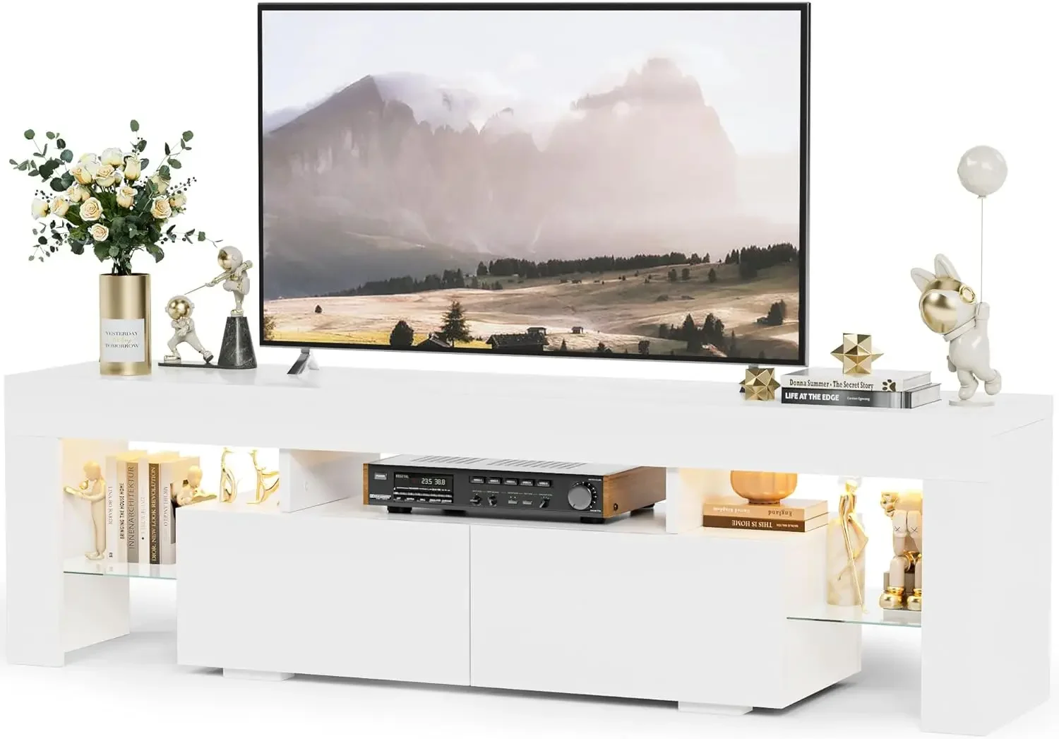 Modern LED TV Stand for Televisions up to 70 Inch with Glass Shelves and Drawer, Gaming Entertainment Center with Multip