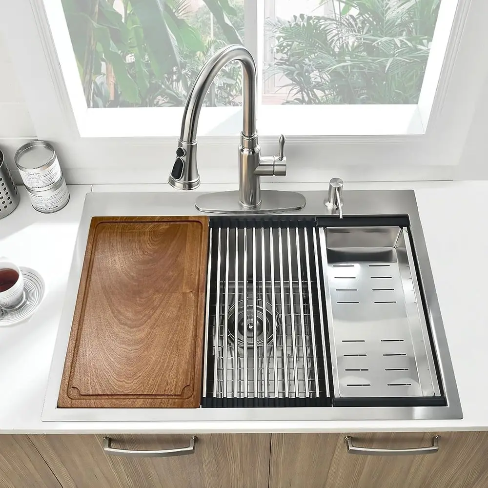 

Кухонная мойка-рабочая станция 33x19 дюймов, из нержавеющей стали 16 калибра, с одной чашей, 33 дюйма, для установки над столешницей, ручной работы, 10 i