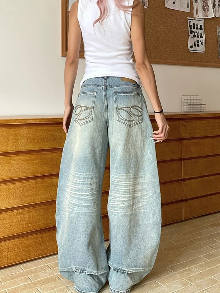 

American Retro Embroidered Denim Jeans Women Summer High Street Loose Slim Casual Versatile Wide Leg Pants with kets