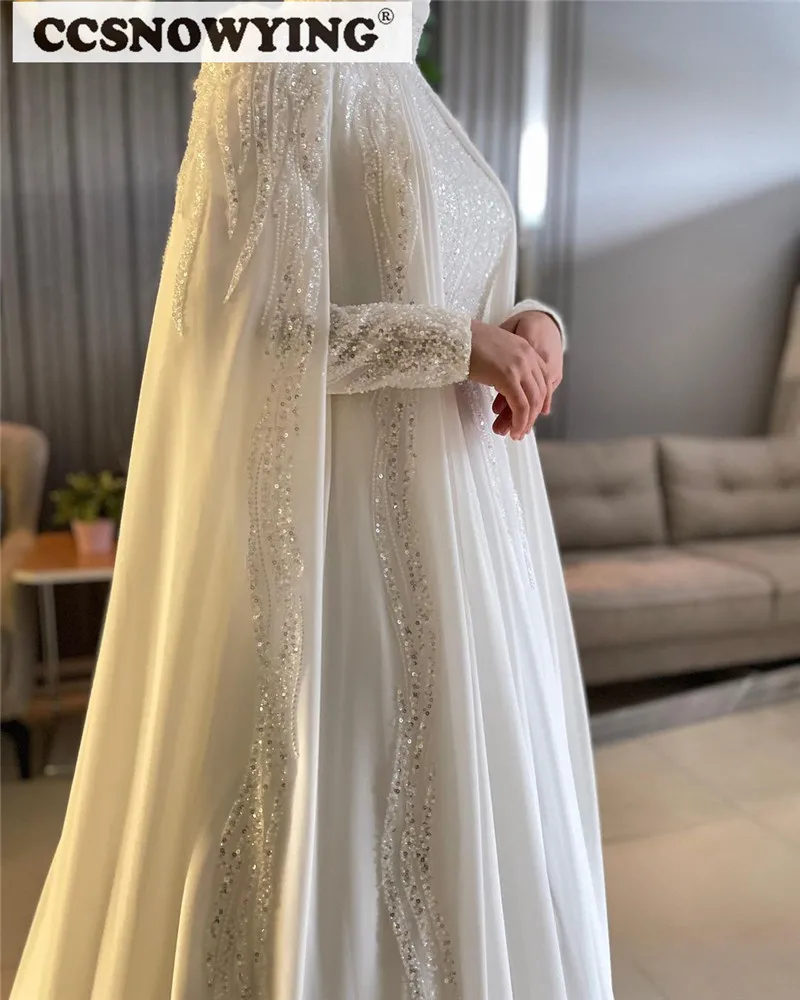 Elegante Chiffon Kralen Lovertjes Trouwjurken Voor Bruid Met Cape Lange Mouw Islamitische Bruidsjurk Arabic Dubai Robe De Mariée