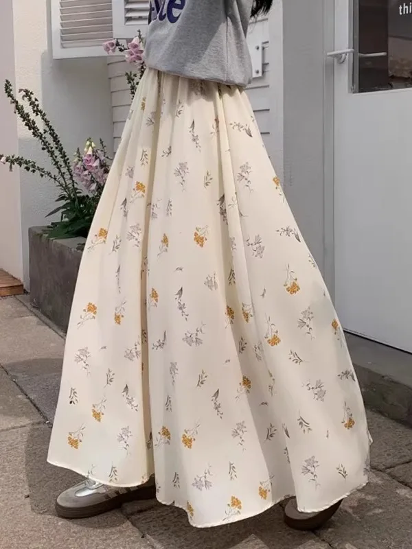 

Новая женская летняя длинная юбка из шифона с цветочным принтом, модель 2026 года, А-силуэт, с завышенной талией, из полиэфирного волокна