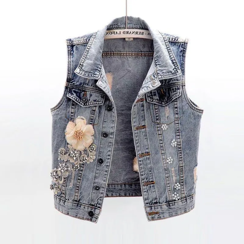 

Women's Denim Vest 2026 Spring Summer New Style Washing Ripped Embroidery Sleeveless Jacket Versatile Slimming Effect