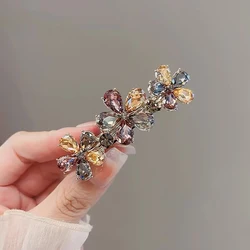 Korean Style High-end Multi-color Crystal Flower Hairpin Women's Back of Head Half-tied Spring Clip Elegant Alloy Headwear