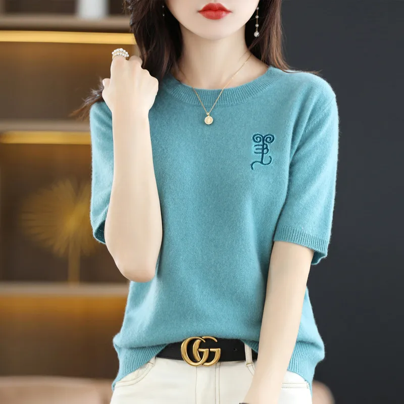 Summer New Round Neck Korean Soft Fashion Embroidery T-Shirt Women\'s Knitted Sweater Loose And Elegant Short Sleeve Pullover