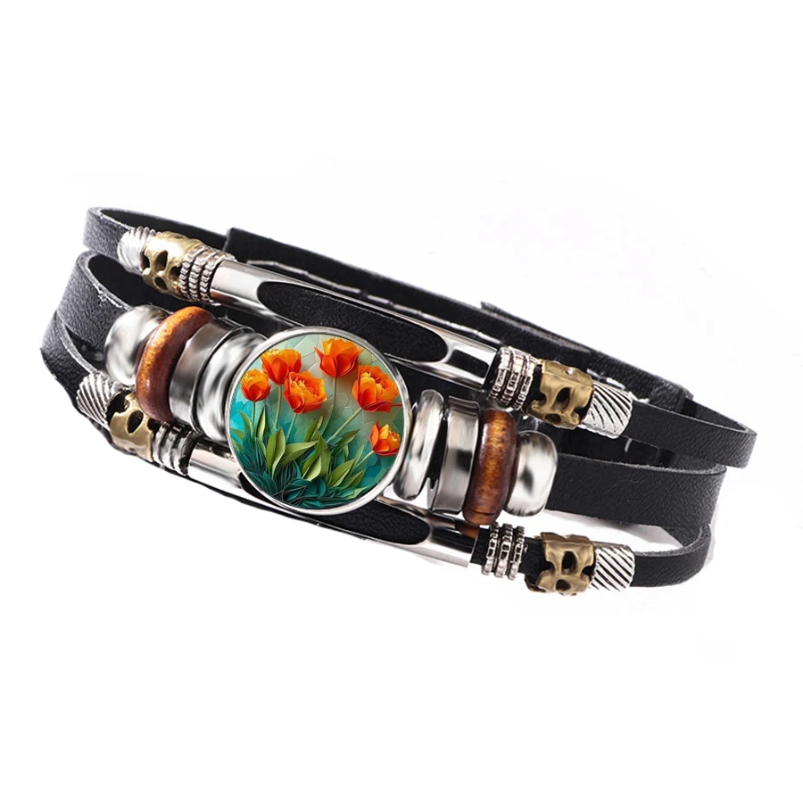 Popular Vibrant Orange Tulip Floral Glass Cabochon Stack Leather Bracelet Botanical Floral Casual Wrist Accessories