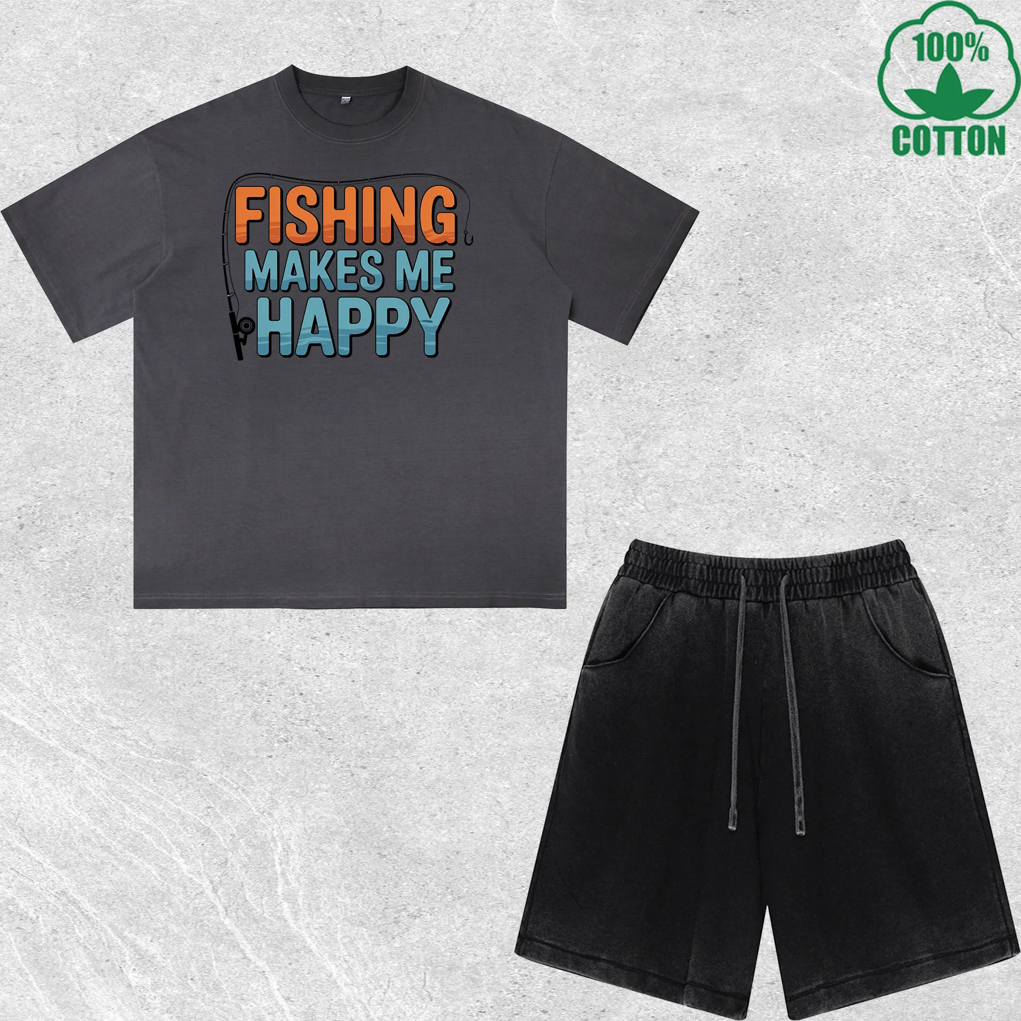 Fishing Happy Printed Dirty Wash T-Shirt Shorts Set Multicolor Combo Loose Trendy Fashionable 100%Cotton