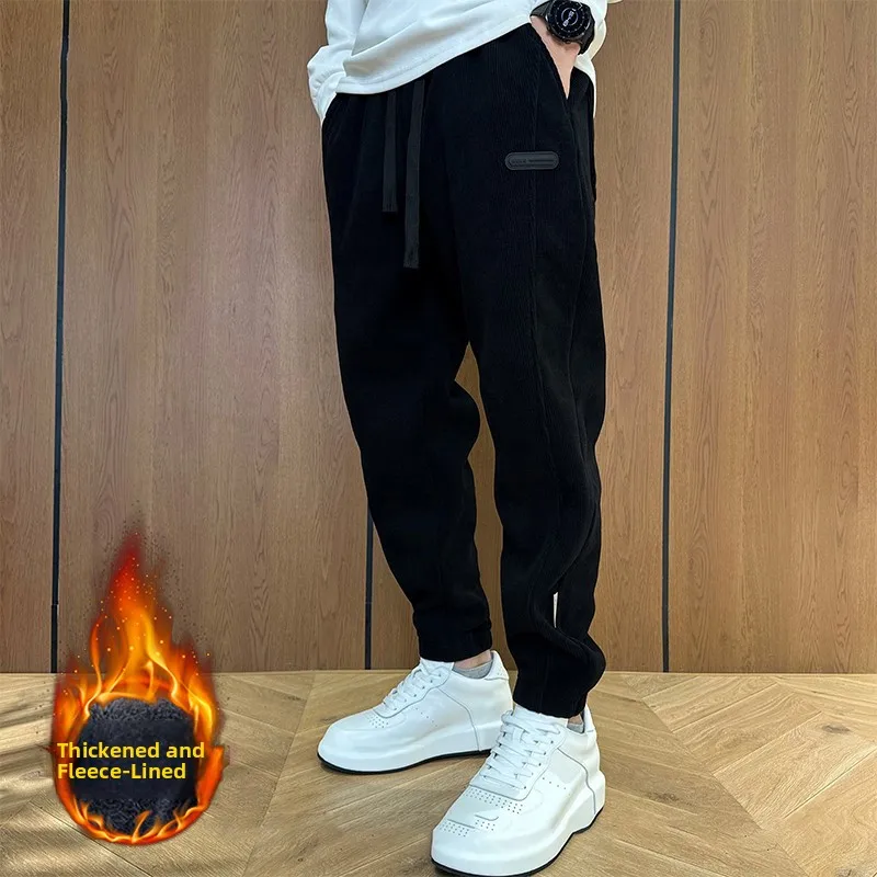 

Мужские вельветовые брюки на флисовой подкладке для осени и зимы, повседневные свободные брюки для работы, с эластичным поясом, длинные брюки-карго