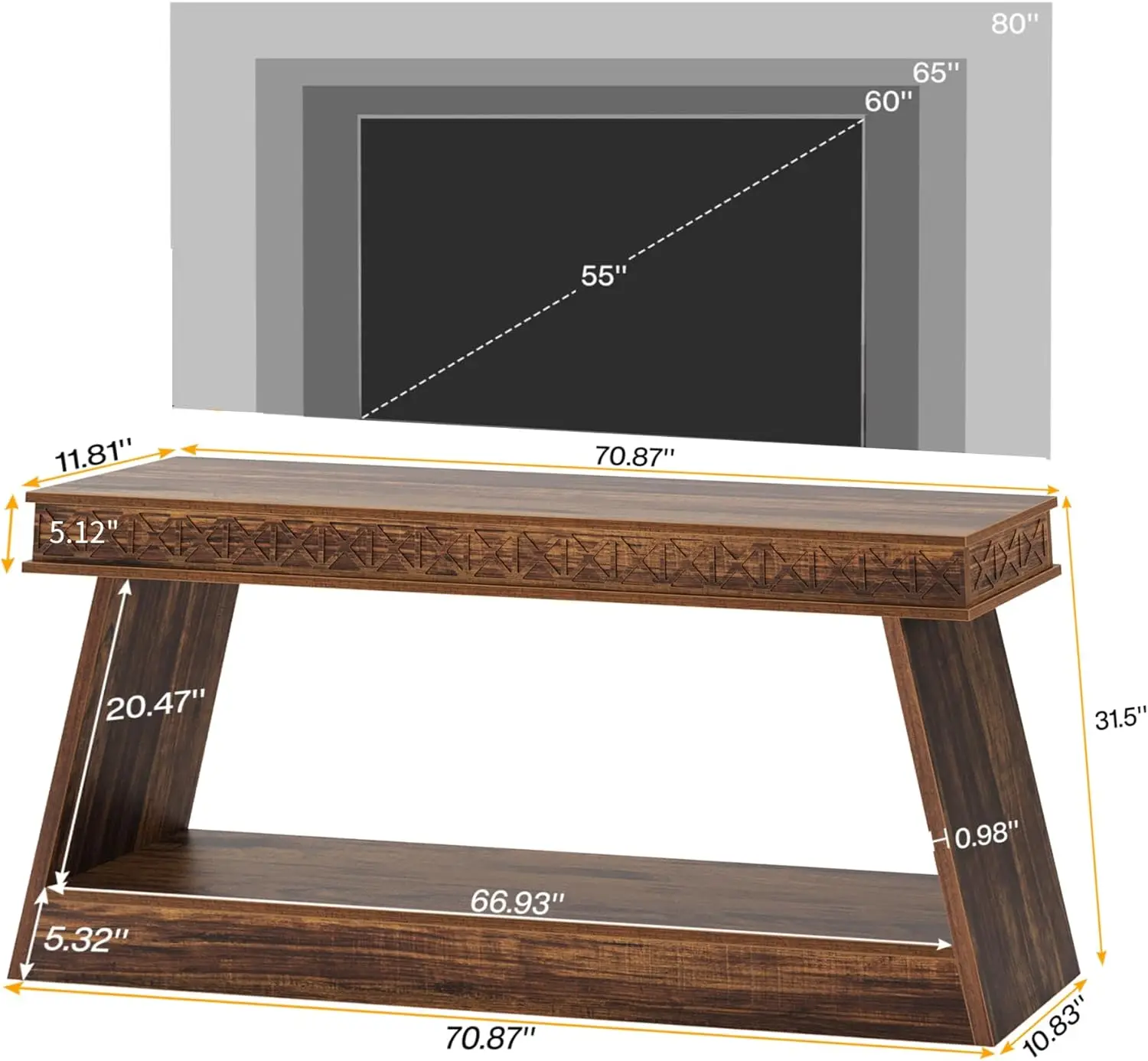 حامل تلفزيون للتلفزيون 55-80 بوصة، مركز ترفيه 70.87 مع أرفف تخزين مفتوحة، وحدة تحكم تلفزيون وسائط المزرعة