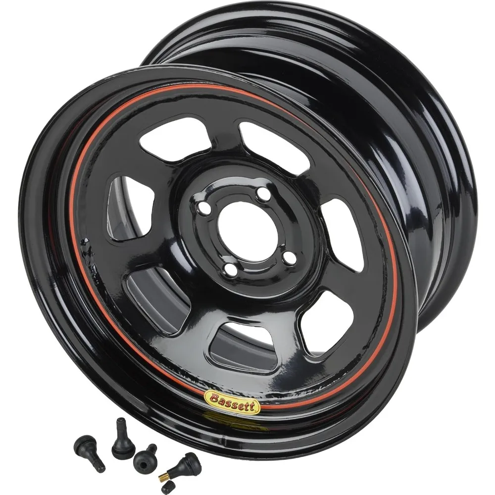 

Bassett 15x7 Inch D-Hole 4x100 Bolt Pattern 4 Bolts Black Alloy Wheel with Valve Stems