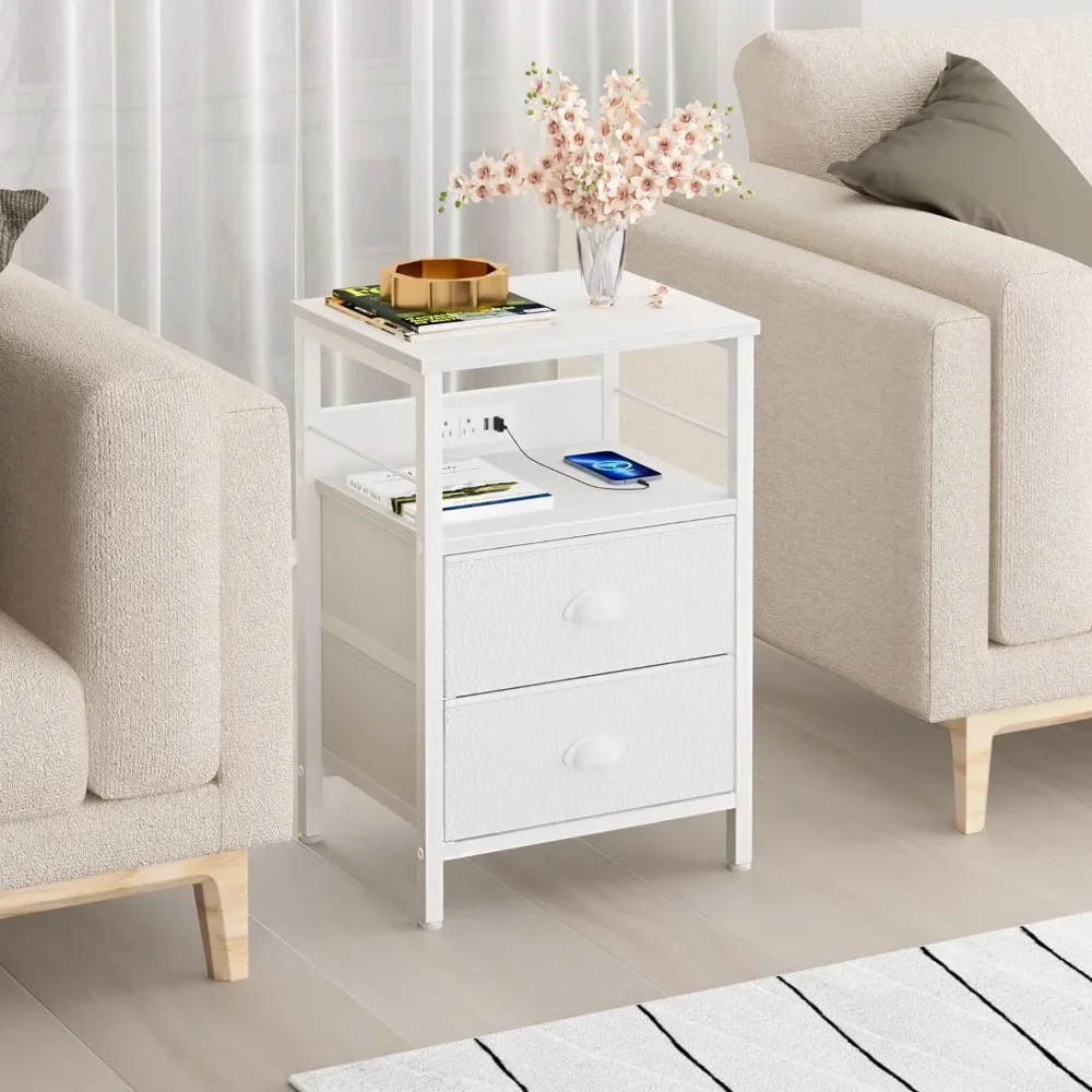 End Table with Charging Station, Nightstand with Fabric Drawers, Side Tables with USB Ports & Outlets, Night Stand