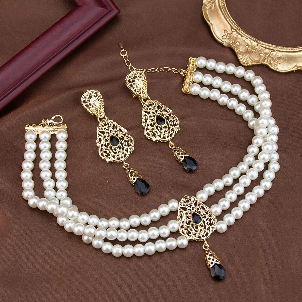 Sunspicems Chic Marokko Schmuck Set Braut Ohrring Perle Perle Halsband Halskette Gold Farbe Arabisch Halskette Bijoux – Detail 7