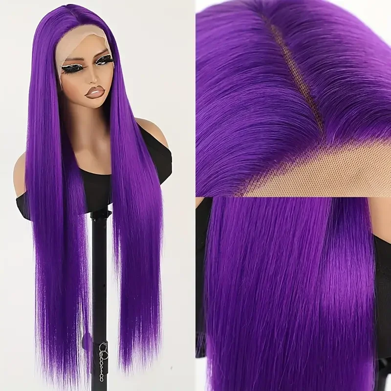

urple Color Lace Front Wigs for Women Cosplay Wig Long Straight 32 Inch Synthetic Silky Straight Heat Resistant Fiber