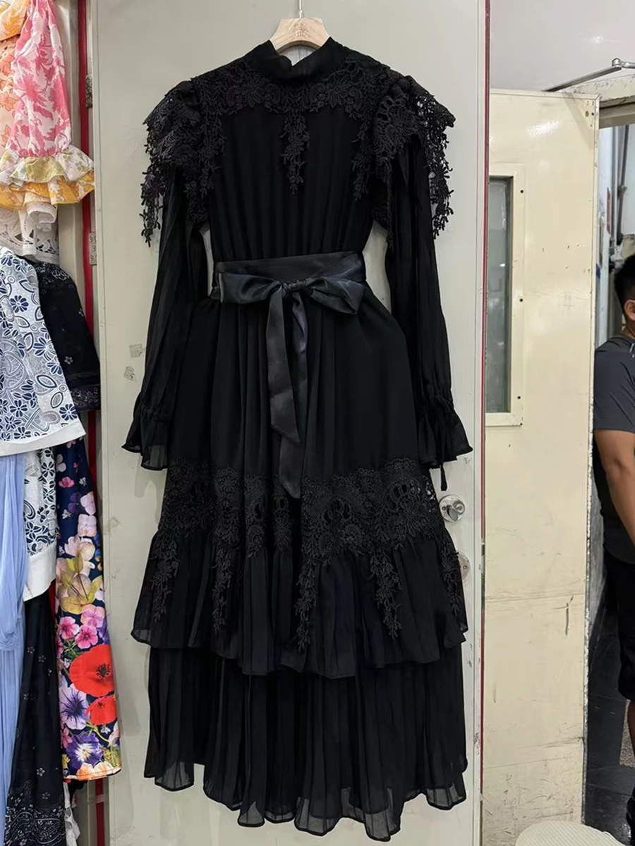 VGH Hit Color Vintage Cocktail Party Dress for Women Stand Collar Patchork Lace Hollow High Waist Irregular Prom Dresses Female