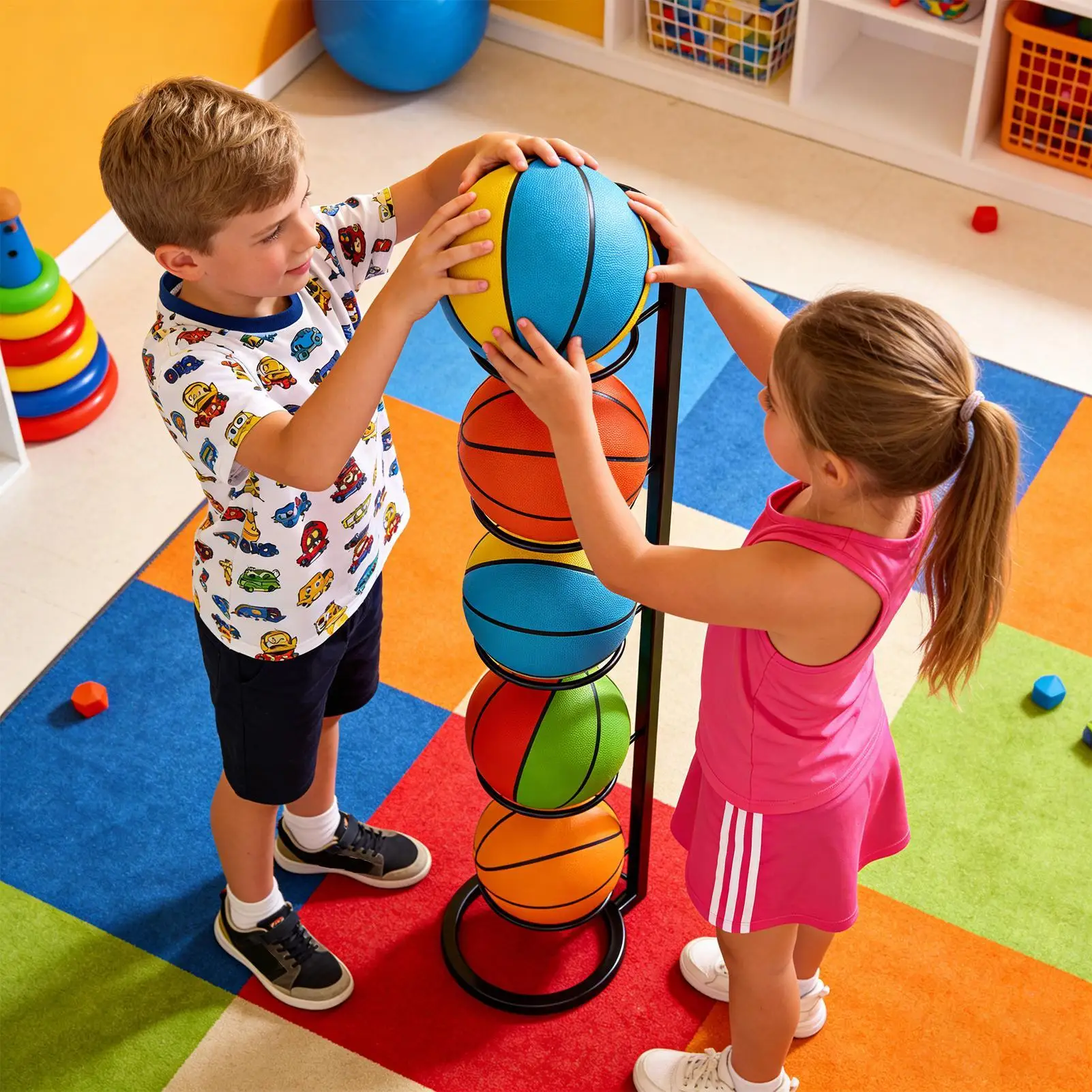 

5-Tier Sports Ball Storage Rack Basketball Soccer Volleyball Organizer Space Saving Ball Stand For Garage Gym Indoor Outdoor Use