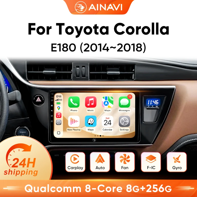 Autoradio AINAVI pour Toyota Auris E180 2016 2017 2018, Carplay sans fil, Corolla Hybrid, Android Auto, lecteur multimédia automobile, Autoaudio, GPS, HDMI 1280 * 720, BT 5.0, gyroscope, sortie HDMI, contrôle gestuel, ventilateur de refroidissement intégré, 2 DIN