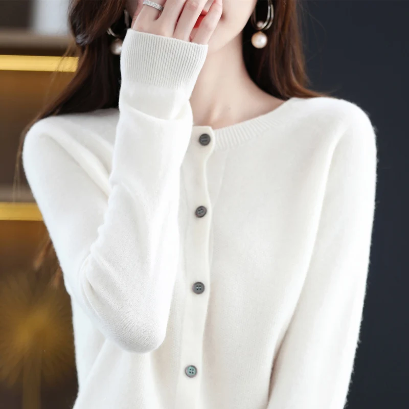 100% Cashmere Wool Cardigan Blouse Wide Long Sleeve Knitted Jacket Soft Warm O-Neck Elasticity Sweater Femal Coat