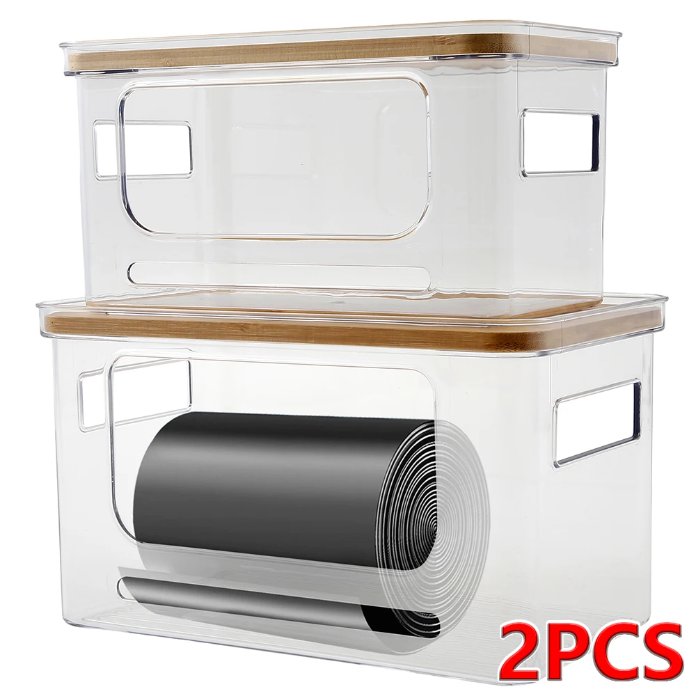 

Прозрачный держатель для мешка для мусора с бамбуковой крышкой, большой вместительный ящик для хранения в прачечной, штабелируемый прозрачный кухонный органайзер