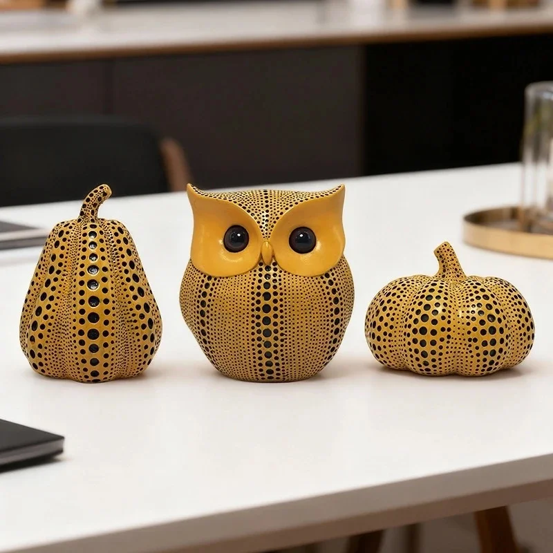 Yellow Polka Dot Pumpkin Owl, Resin Statue Abstract Art Figurine, Cute Home Decor Living Room, Table Desktop Ornament Modern Gif