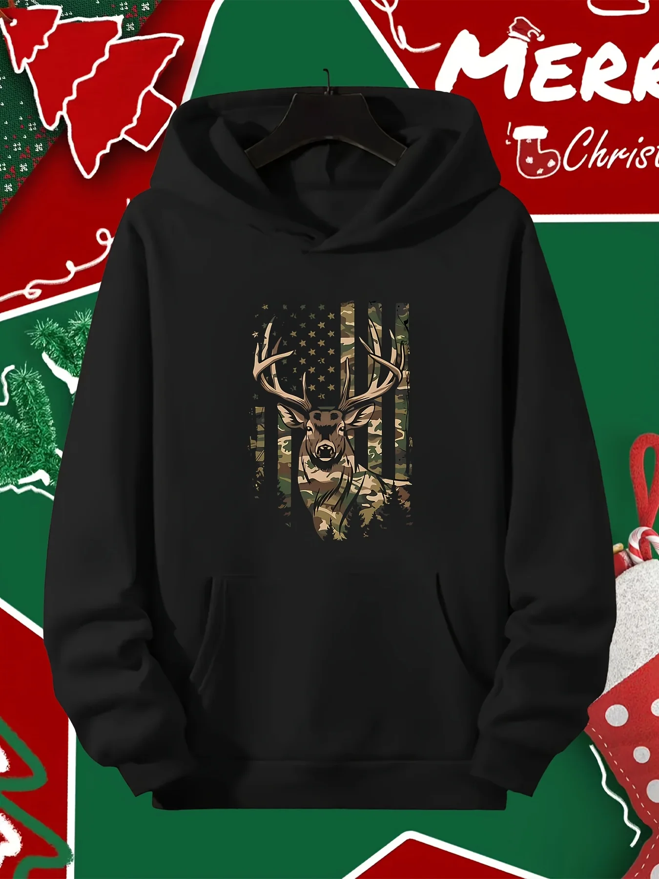 Men's Hooded Jackets and Hoodies Feature Deer Head Patterns and American Flag Camouflage. This Comfortable Pullover Is Machine Washable, Suitable for All Seasons, and Made From Soft Fabric.