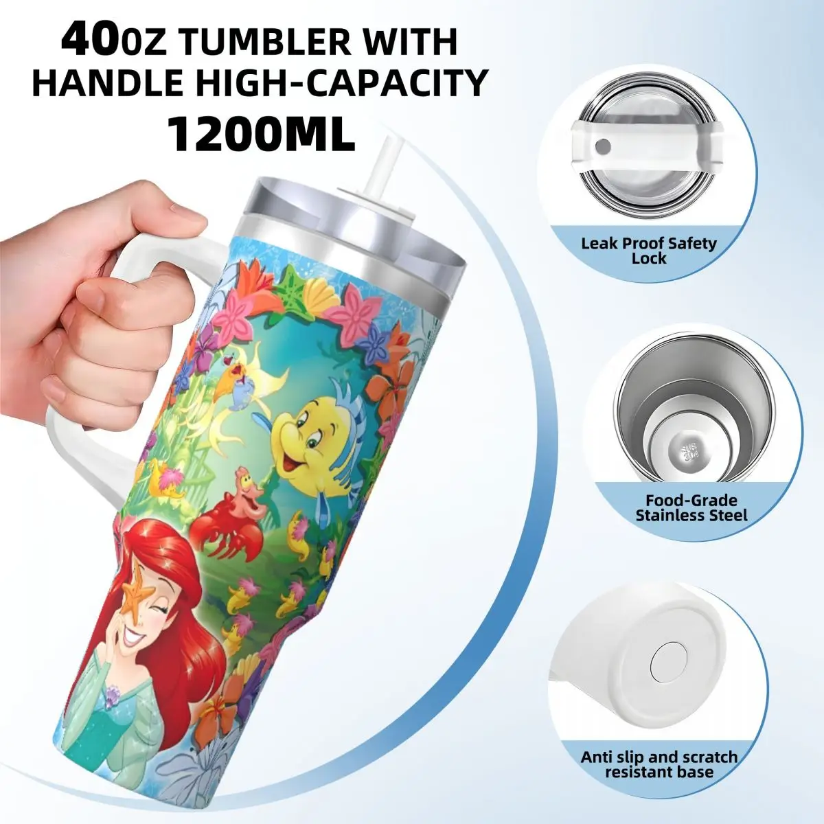 Stainless Steel Tumbler The Little Mermaid Cartoon Car Mugs With Straws Camping Drinks Water Bottle Insulated 40oz Thermal Cups