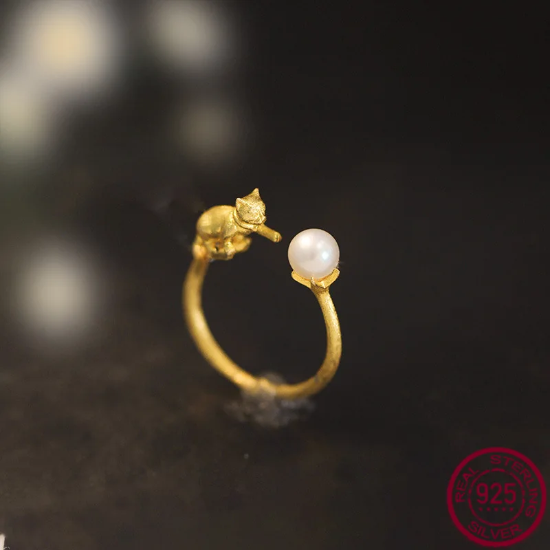 

New S925 sterling silver niche design ring, women's pearl cat index finger ring jewelry, wedding jewelry