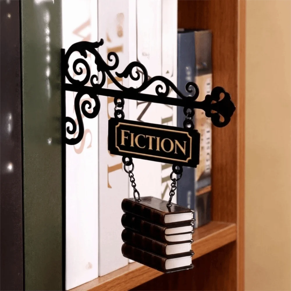 Book Nook Sign Creative Metal Book Divider Lightweight Book Pattern Library Wall Bookshelf Decorative Shelf Organizer Study Desk