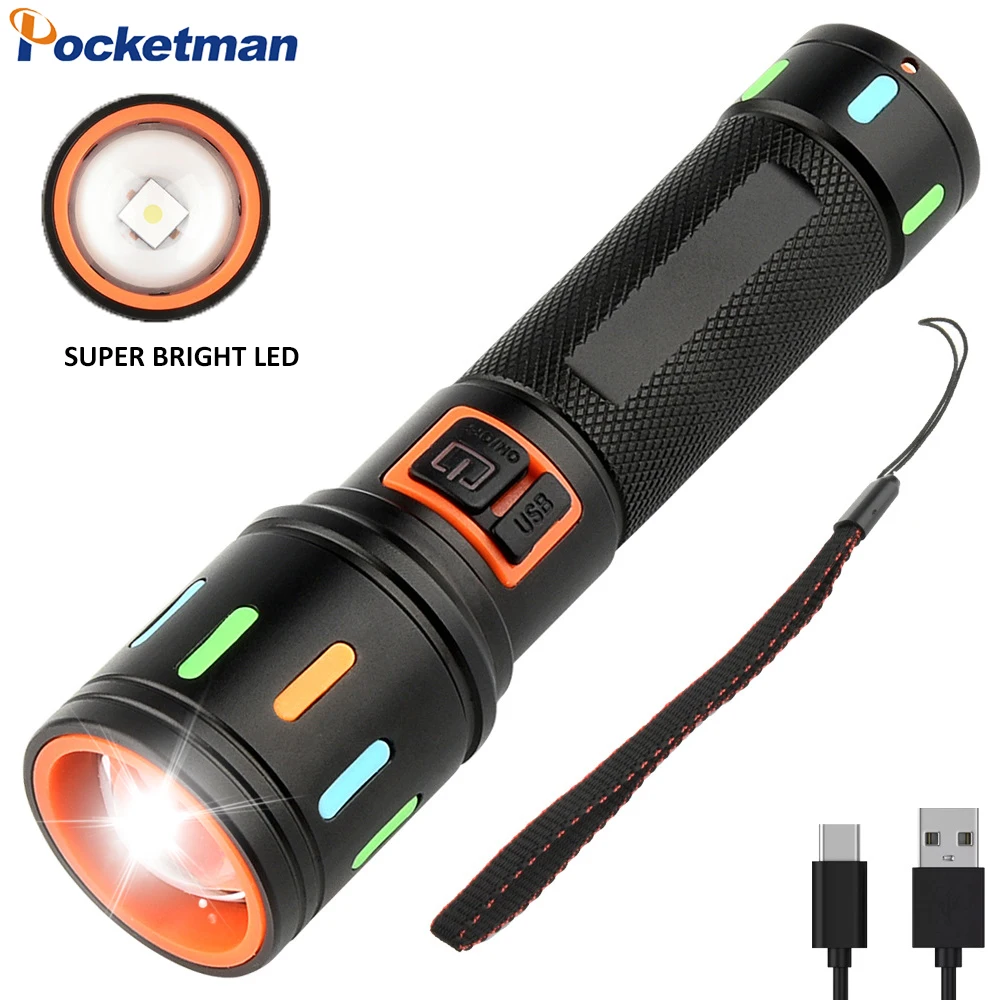 

High Power LED Flashlight Zoom Aluminum Alloy Flashlights USB Rechargeable Torch Patrol Flashlight with Colorful Fluorescent