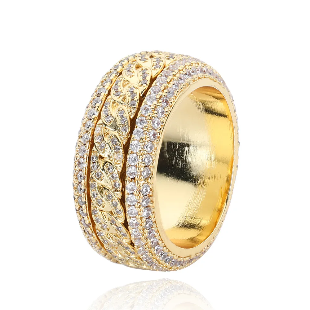 Luxury 24K 9999 Pure Gold real gold European and American Hip Hop Cuban Men's Ring Full Diamond Ring