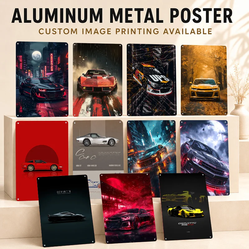 USA Corvette C8 Camaro Muscle Sports Car Aluminum Posters Customized Metal Tin Sign Technical Blueprint Wall Art For Living Room