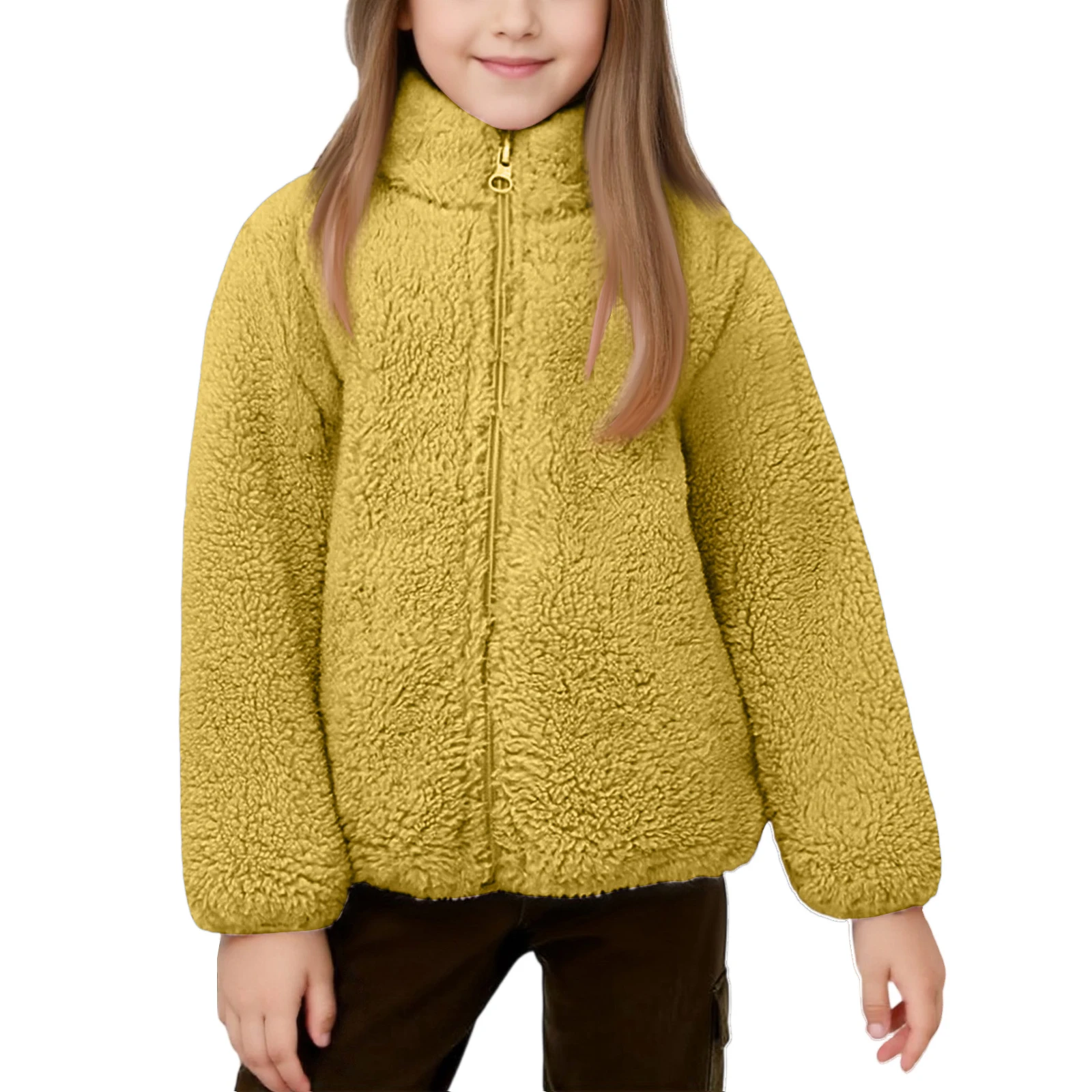 Girls' Coral Velvet Jacket Students Warm Coat Autumn And Winter Solid Color Stand-collar Zippered Plush Coats Children's Jackets