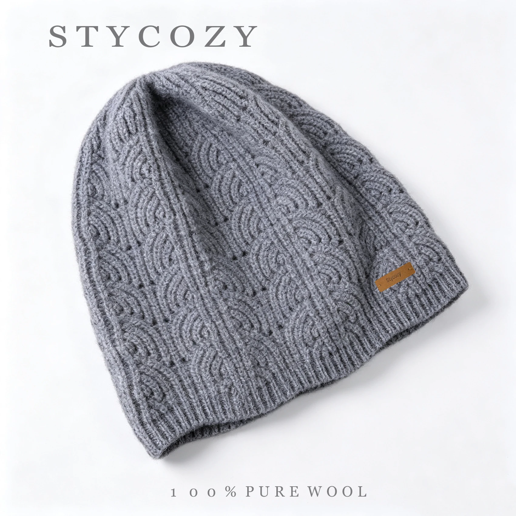 100%Wool Wave‑Cable Knit Slouchy Beanie Women Vintage Hollow‑Out Warm Hat Unisex Ribbed Cuff Winter Daily Outdoor Skull Cap