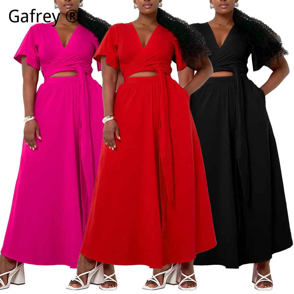 

2026 New Plus Size 5XL 0XL Two Piece Set Women Solid Bell Sleeve V-Neck Top Slit Skirt Elegant Summer Matching Outfit Fashion