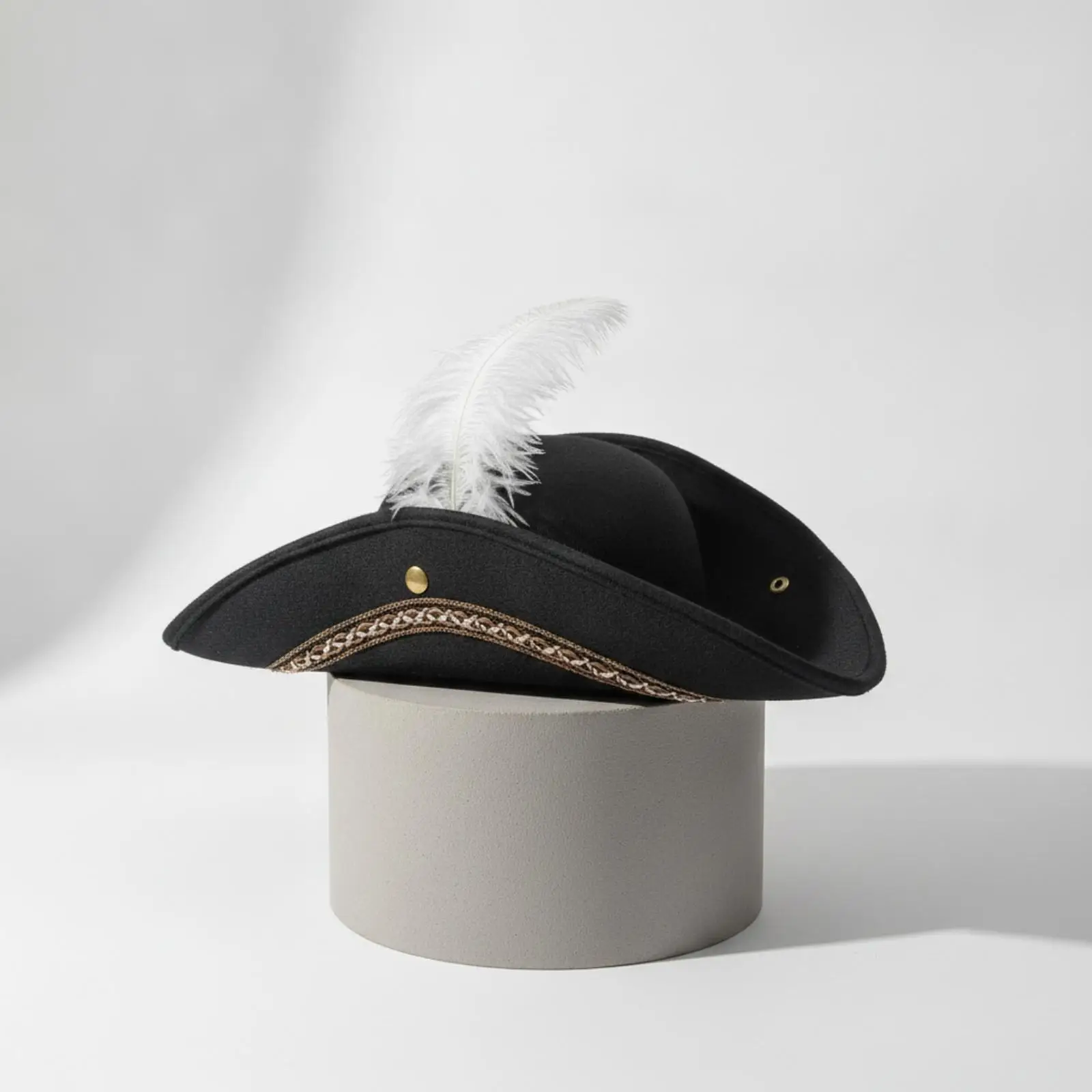 Pirate Hat for Costume Event with Gold Tone Button and Feather Trim for Stage Play and Holiday Dress Up Accessory