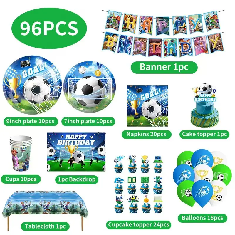 Fußball-Geburtstagsparty-Dekorationen Fußball-Tischgeschirr Teller Becher Tischdecke Ballons Hintergrund-Banner Geschenktüten Jungen-Partyzubehör – Detail 5