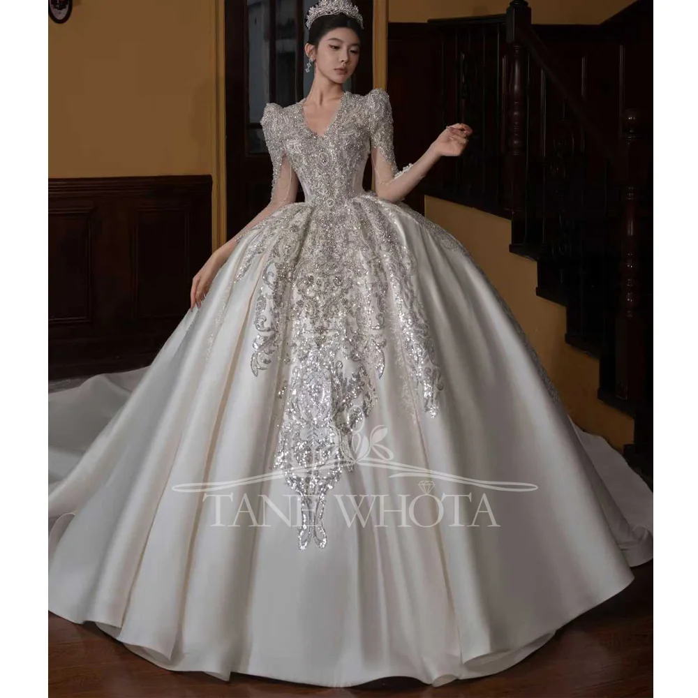 Luxury Brautkleider 2025 V-Neck Long Sleeve Beaded Sequined Ball Gown Wedding Dress Customized Ceremony Robe For Mariée