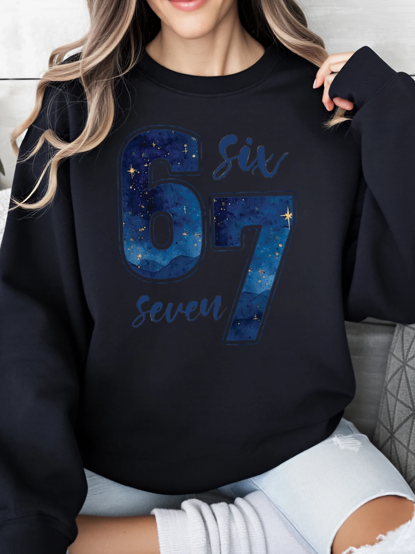 Galaxy Number Six Seven Print Christmas Sweatshirt Women Casual Wear Holiday Outfit Black Plus-Size