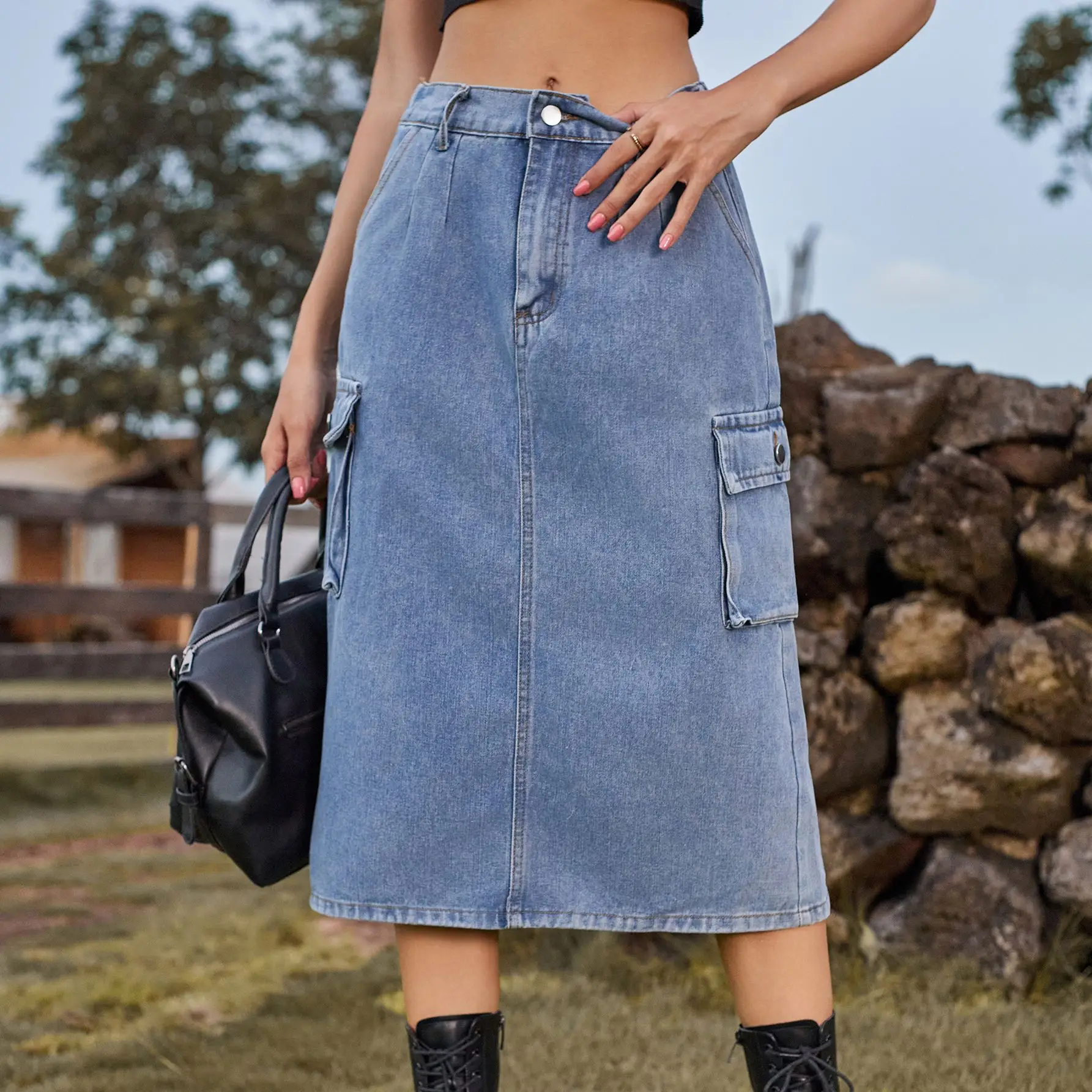

Fashionable and Versatile Washed Denim Half Body Skirt, Women's Spring and Summer Design Sense Pocket Workwear Mid-length Skirt
