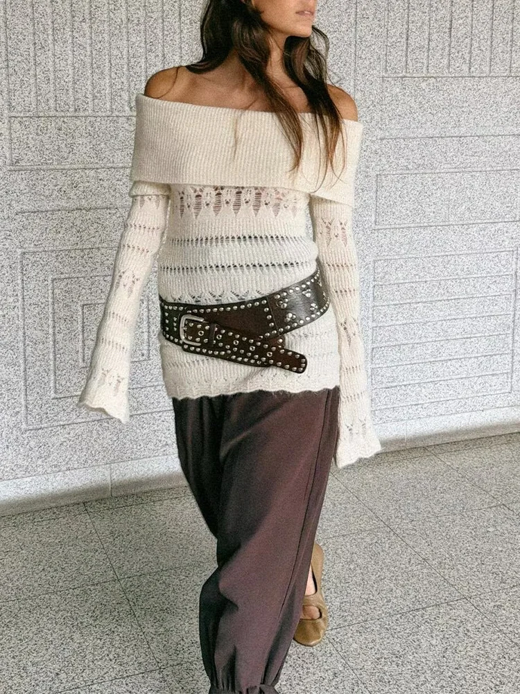 European and American style women's clothing, new style, fashionable, elegant, versatile and simple off-the-shoulder knit top