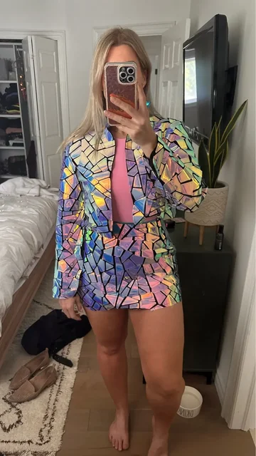 3szt Stage Show Outfit Lady Long Sleeve Purple Blue Mirror Nightclub Singer Jazz Dance Costume Laser Sequin Jacket Vest Dress