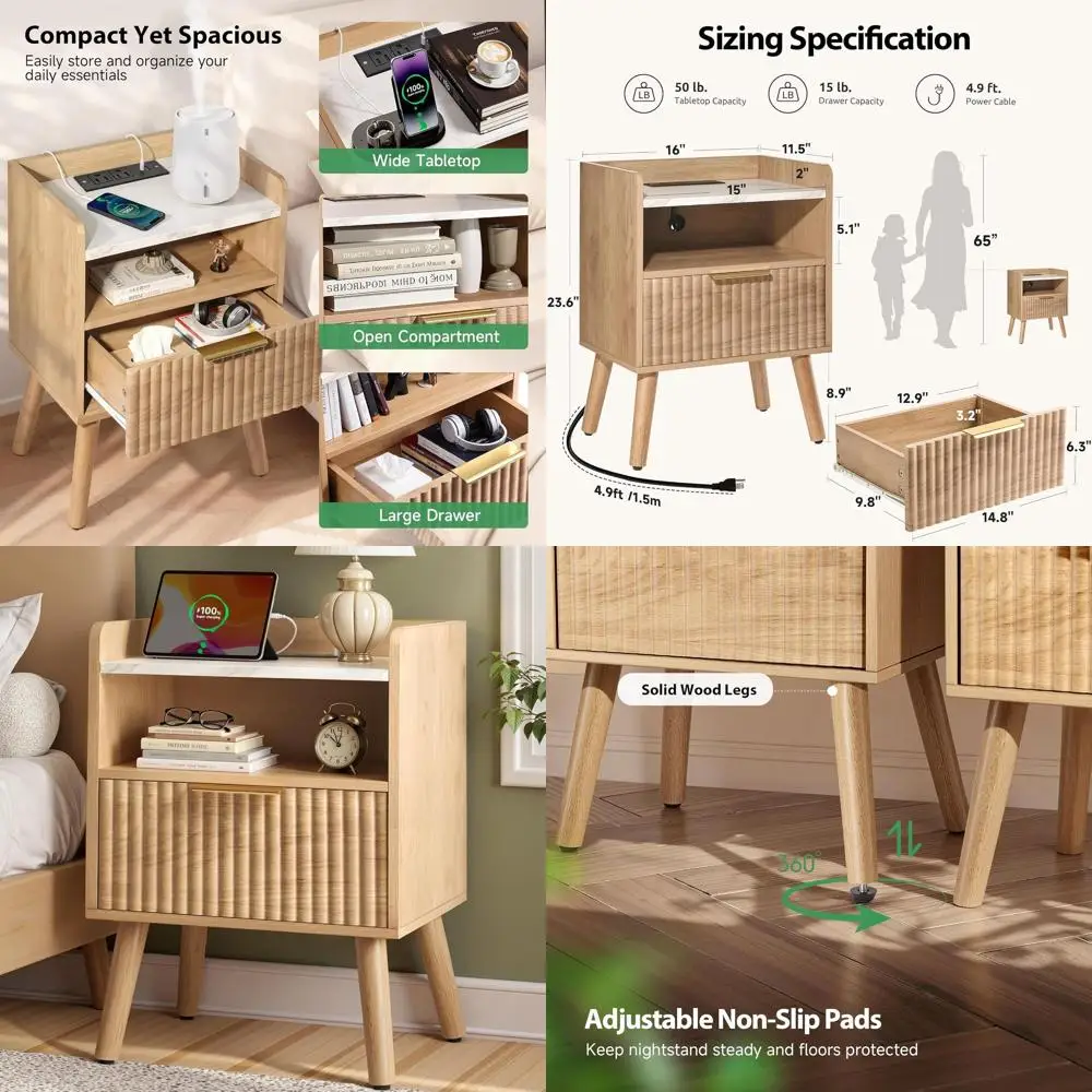 

Contemporary Marble-Top Nightstand with Charging, Drawer, and Adjustable Legs