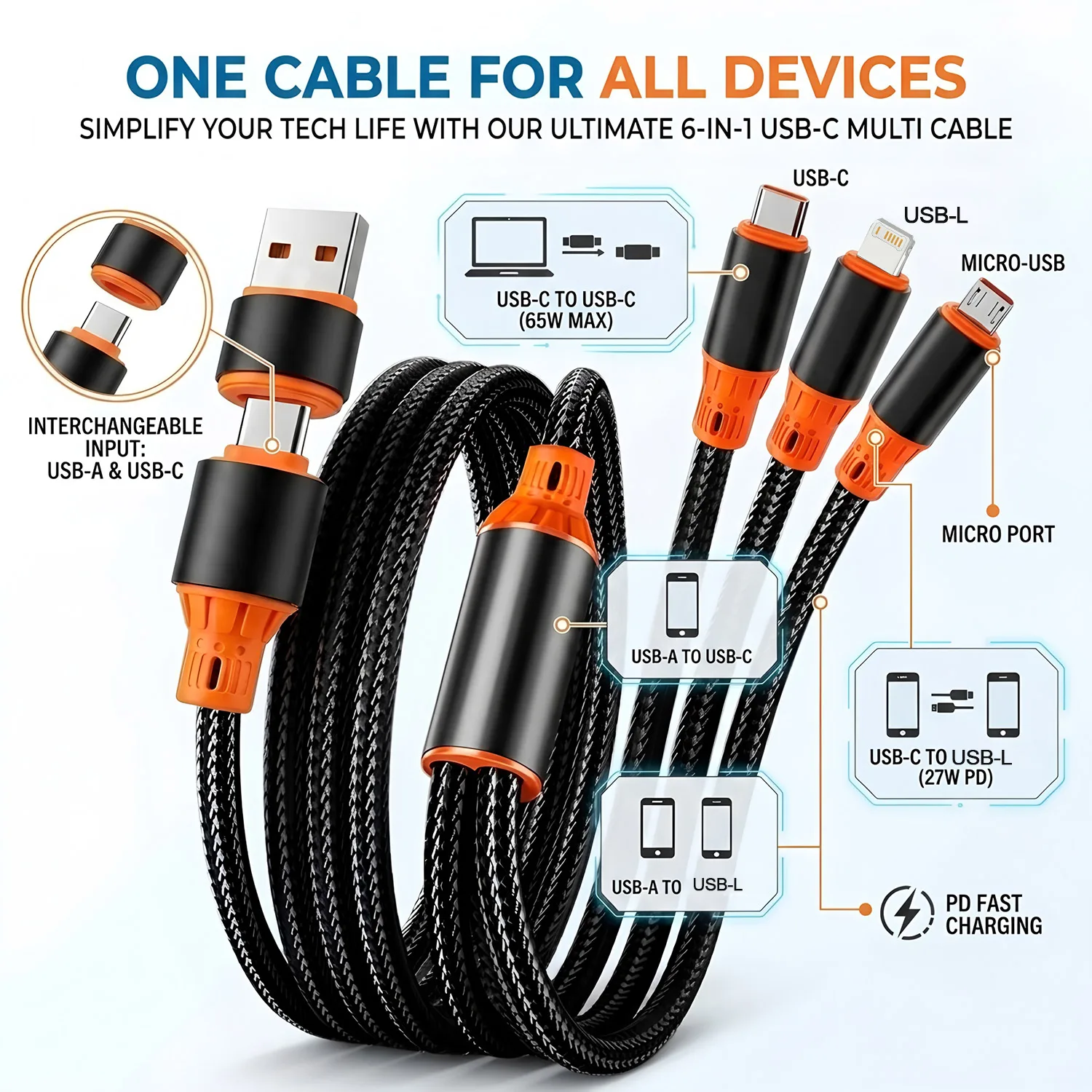 4 IN 1 USB C Fast Charging Cable Cord Nylon Braided Multiports Type C Micro Charger Wire For iPhone Samsung Xiaomi Huawei view 2