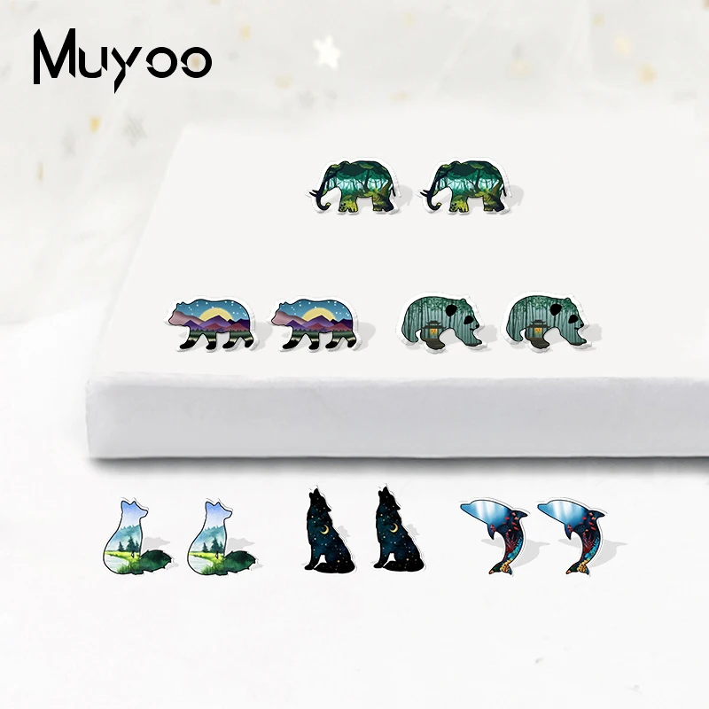 2022 New Fashion Panda Fox Dolphin Wolf Elephant Colored Forest Stainless Steel Stud Earrings Handcraft Epoxy Acrylic Earrings