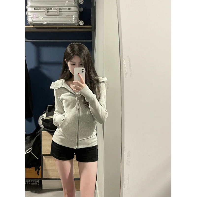 American style High Street Gray Hooded Cardigan Sweatshirt Spring and Autumn Thin section Thin Casual Versatile Jacket