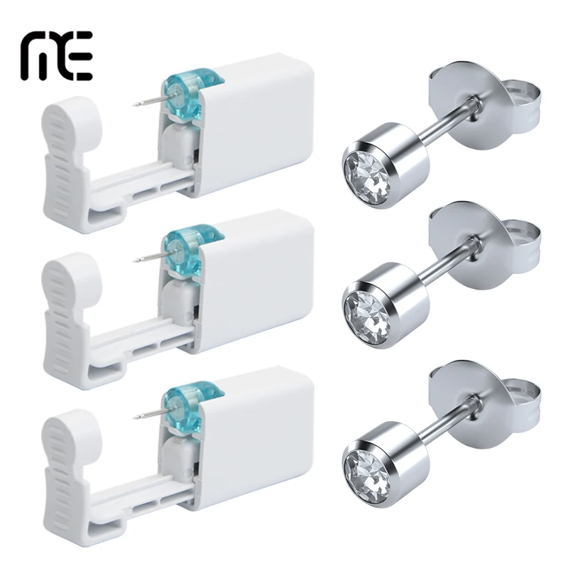 Kit de perfuração de orelha descartável com 1-20 peças e brincos de diamante branco de 4mm para uso doméstico.