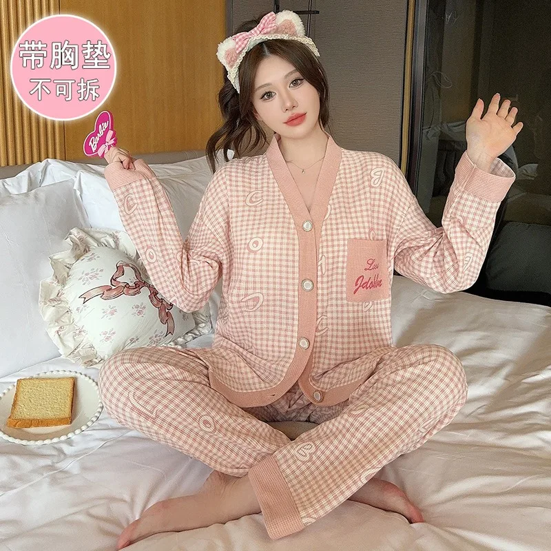 5XL Plus Size Cotton Plaid Loose Pajamas Set Women with Chest Pad Autumn Korean Long Sleeve Cardigan Trouser Can Be Worn Outside