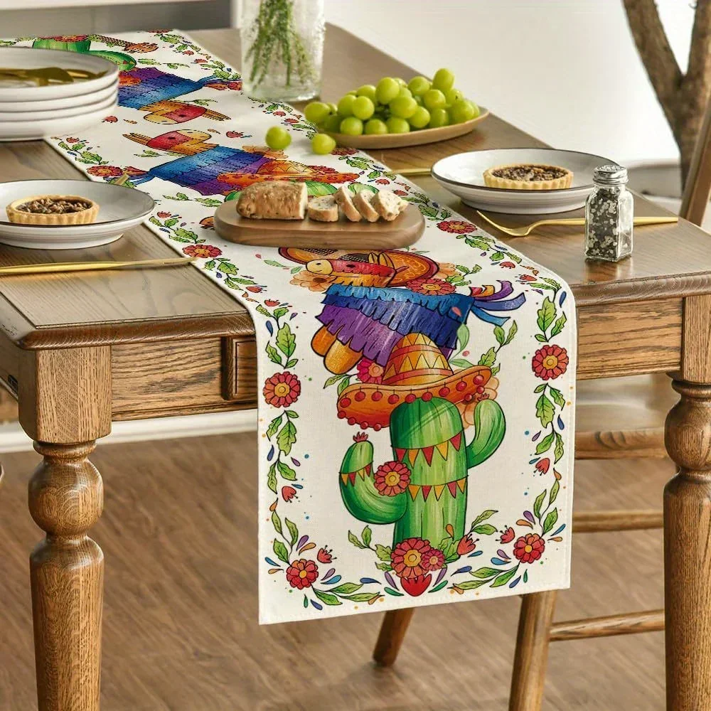 1Pc Mexican Cactus Sombrero Guitar Table Runner Multicolor Fiesta Floral Print Table Cover For Dining Kitchen Party Decoration T