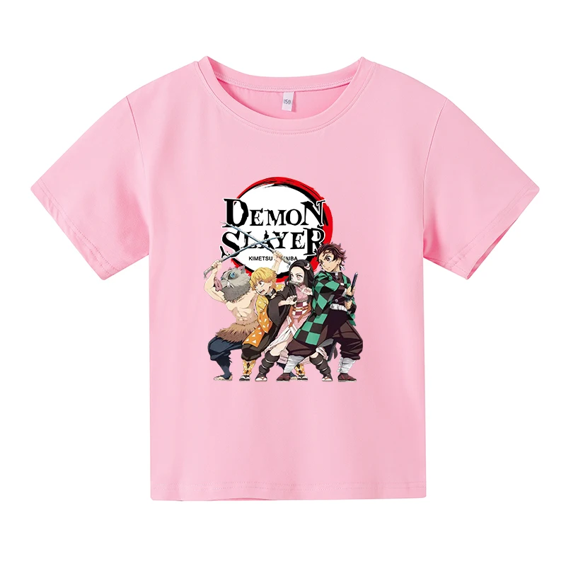 Summer Casual Short Sleeved Tops Fashionable Anime Demon Killer Print Round Neck Children T-shirt Suitable Boys Girls aged 3-12