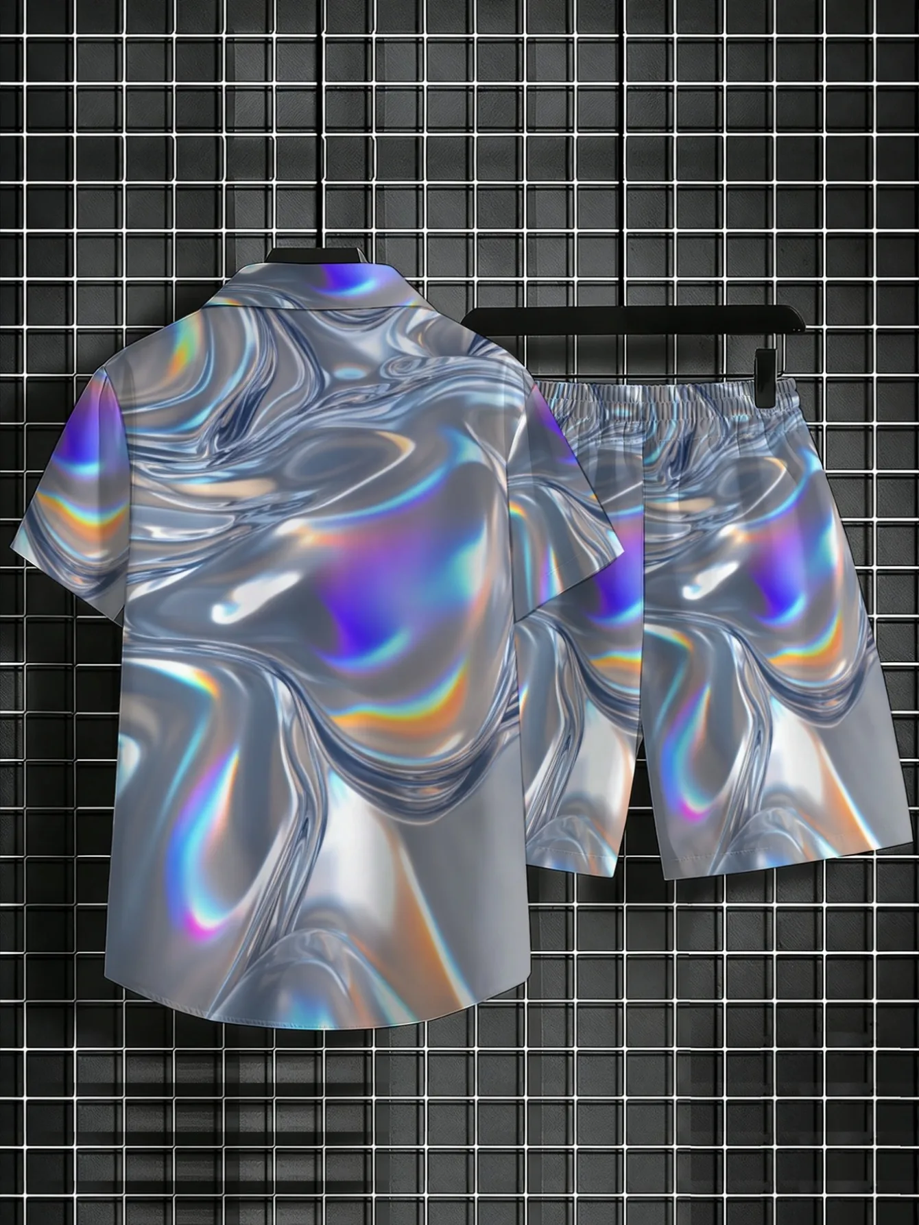 Men Holographic Liquid Marble Print Two Piece Outfit Short Sleeve Shirt Elastic Waist Shorts Summer Beach Suit