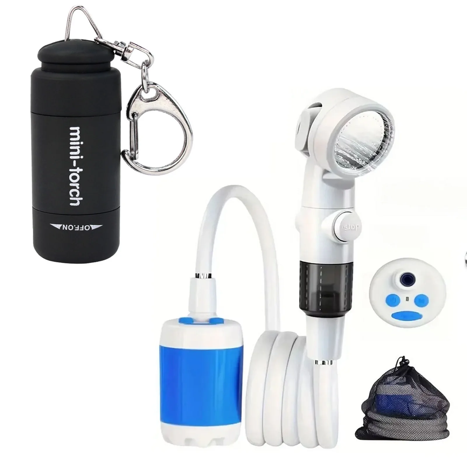 

Portable Outdoor Shower - Handheld Rechargeable Pump, Gentle Flow, for Camping, Car Wash, Pet Bathing, Garden, Apartment. With Mini Keychain Flashlight, USB Rechargeable LED, Lightweight & Portable.