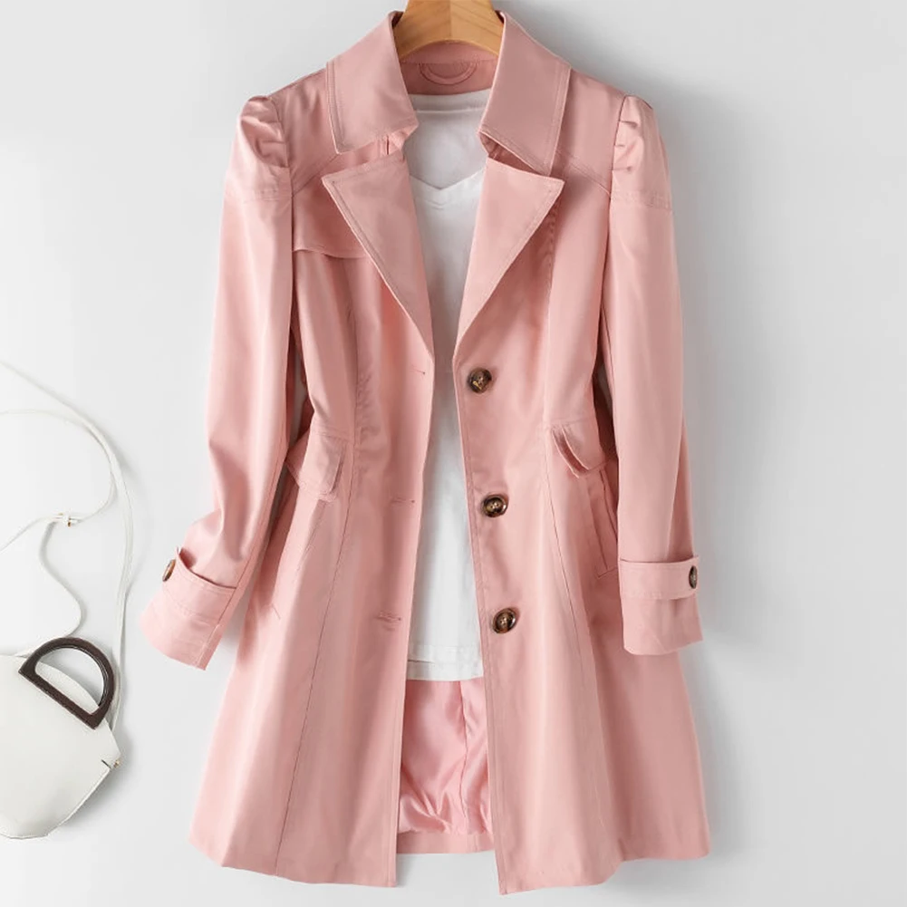 

Stylish Jacket Trench Coat Woman Non Strech Outdoor Lapel Mid-Long Temperament Commuting Single-breasted Spring